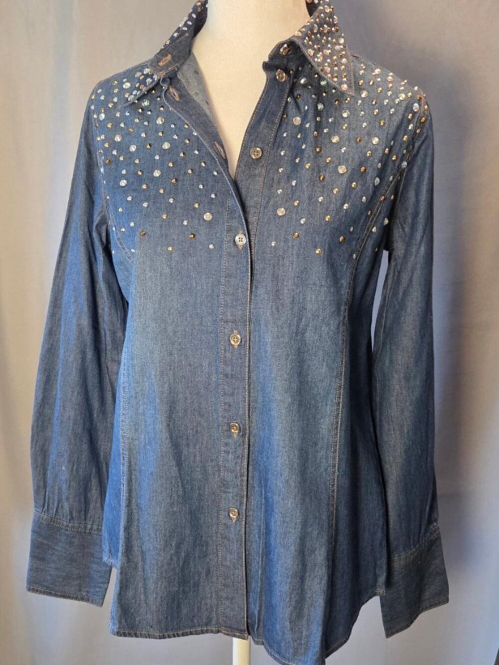 NWT DG2 by Diane Gilman Embellished Denim Shirt Women's Western Size Small
